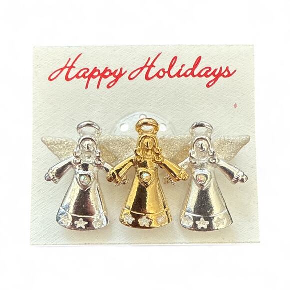 Christmas 3 Guardian Angels Brooch Pin Signed 3 AB Crystals Gold & Sil PLT NWT - Picture 2 of 3